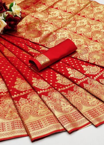 designer red banarasi silk saree